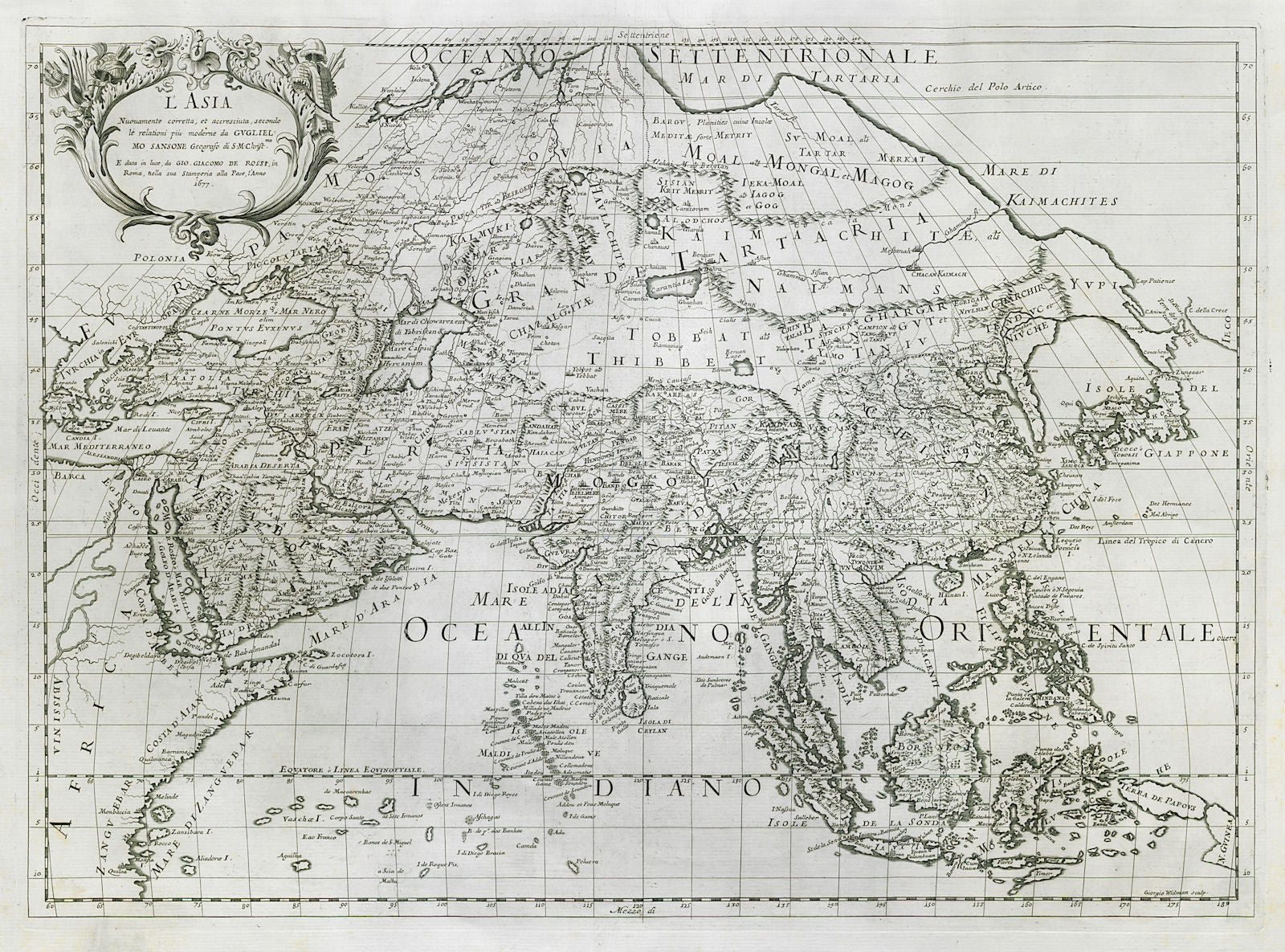L'Asia. China. Mughal Empire. DE ROSSI / SANSON 1677 old antique map chart
